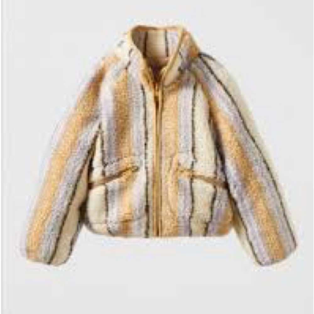 ZARA | striped sherpa zip jacket